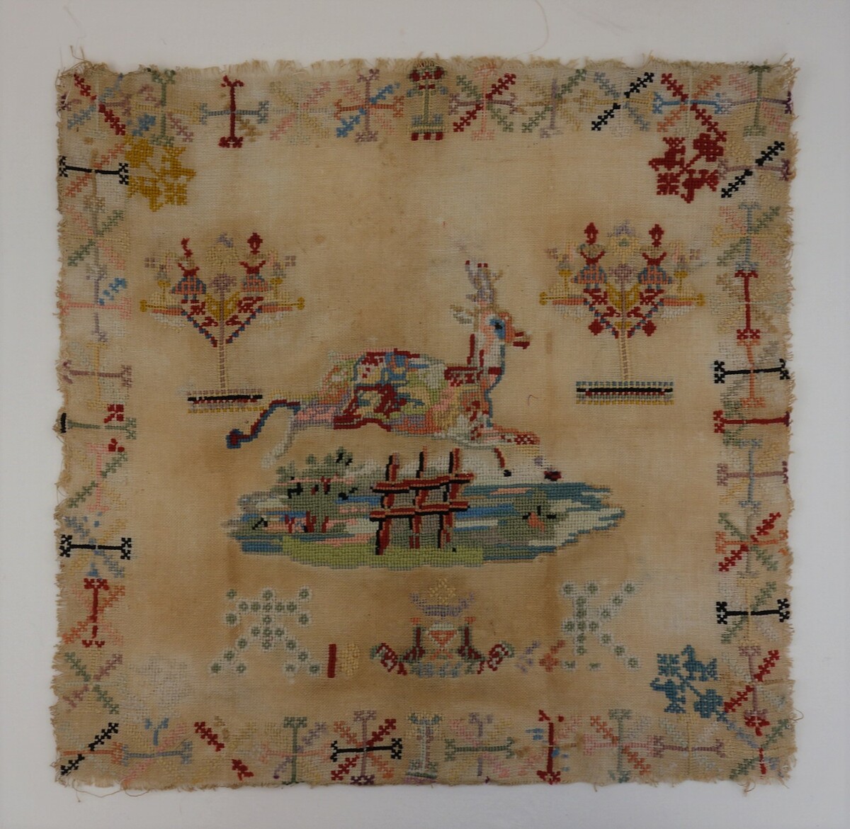 A 'Frisian?" sampler with the initials A.K. (left hand corner), 1860s. TRC Collection (TRC 2017.4287).