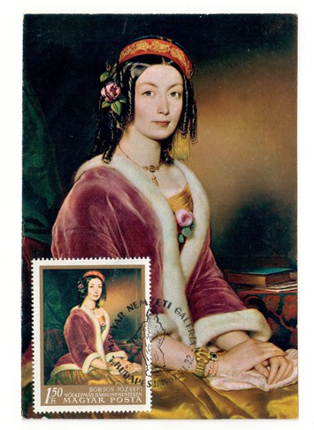 Postcard and stamp of a 19th century painting depicting a lady in a velvet jacket, Hungary (TRC 2018.2544).