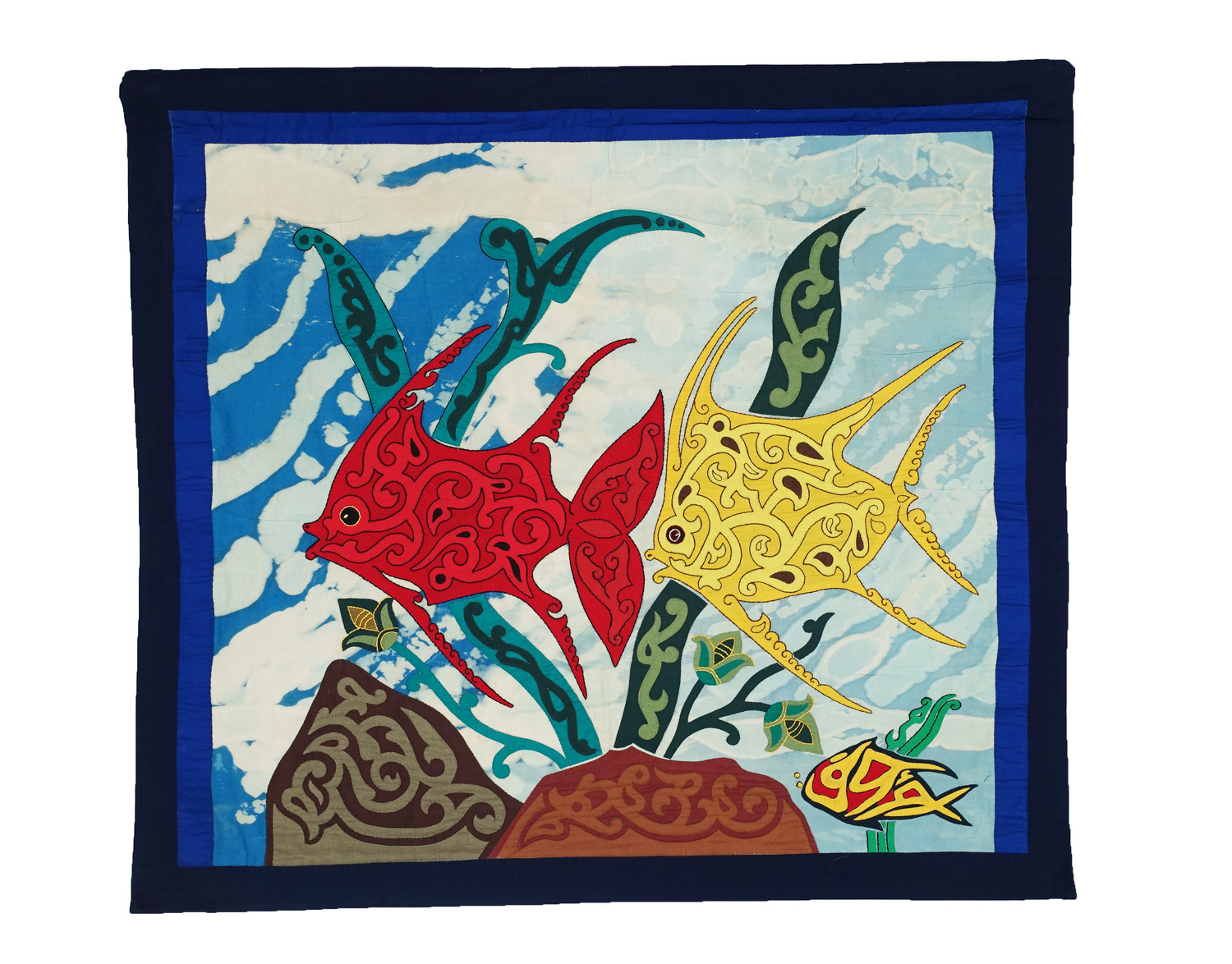 Khayamiya with fishes with calligraphy in the fish on the lower right, Egypt, early 2000’s (TRC 2022.1803).