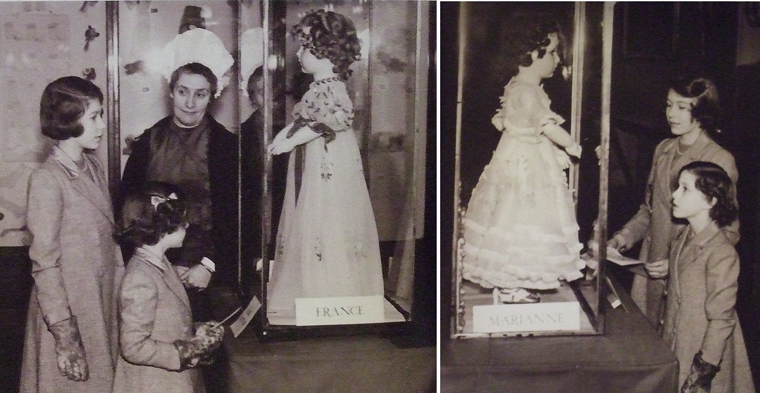 Princesses Elizabeth and Margaret admiring the two dolls, France and Marianne, in 1938.