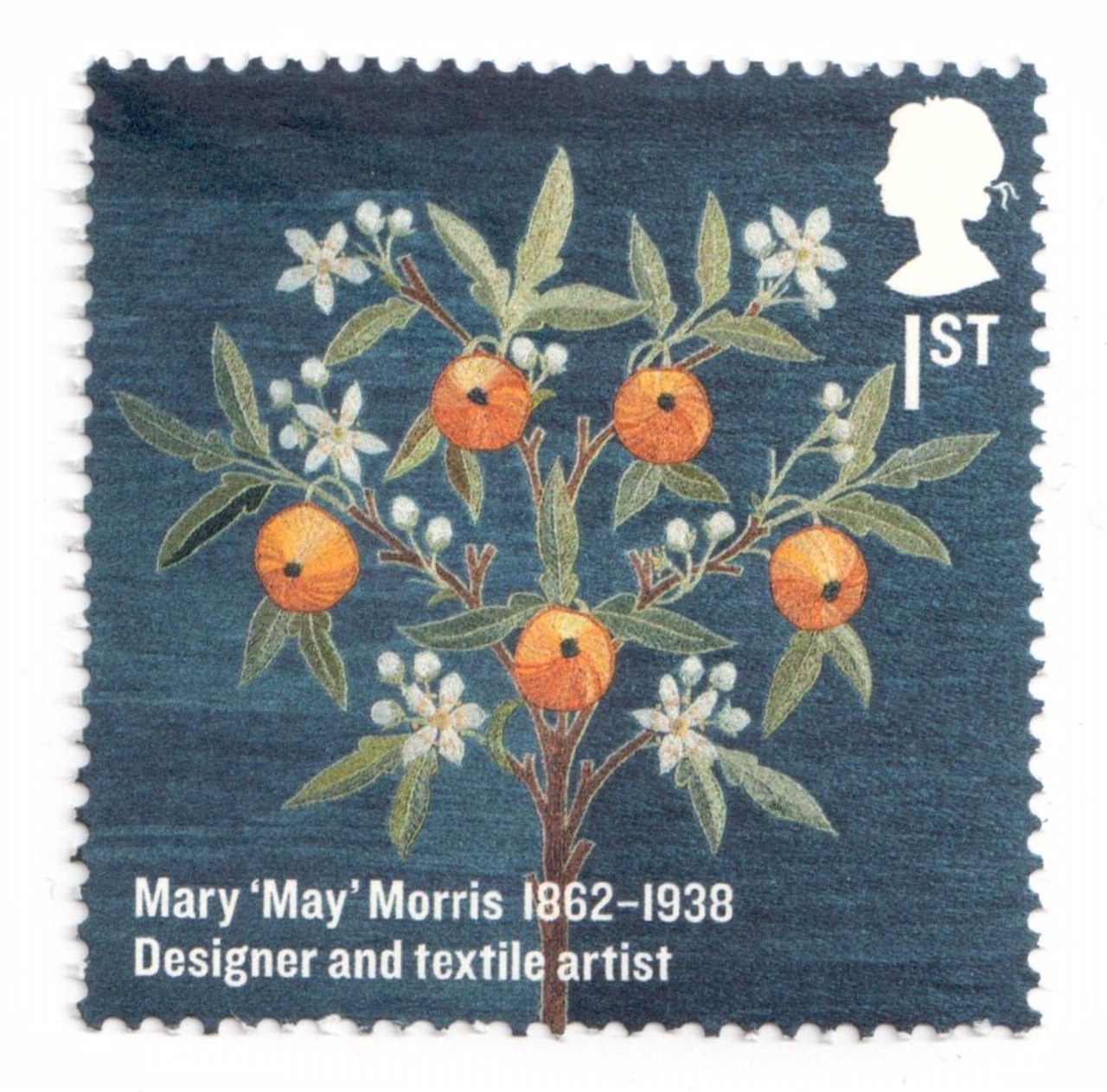 British postage stamp with embroidery motif of oranges and orange blossom, designed and worked by May Morris (TRC 2018.3365).