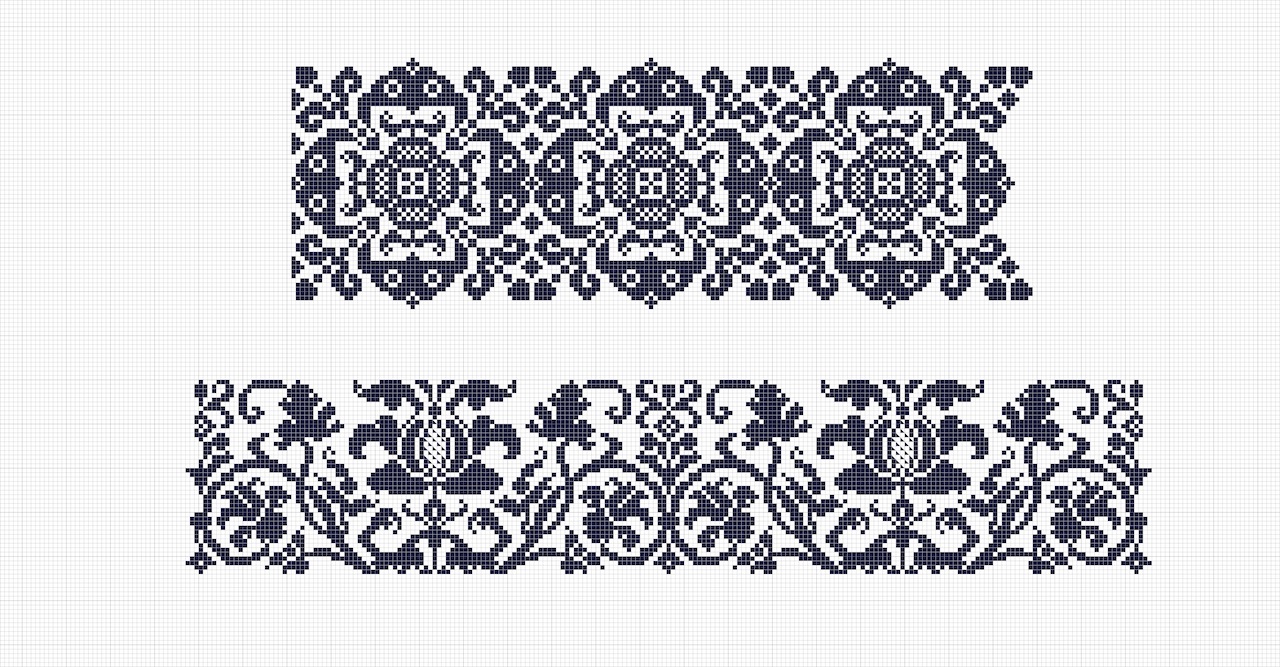 Two charts for cross stitch designs (c. 1740, Germany; Margaretha Helm, 'Fortgesetzter Kunst- und Fleiss-übender Nadel- auch Laden-Gewirck-Ergötzungen oder des neu-erfundenen Neh und Stick Buchs Anderer Theil', 1742, based on Victoria and Albert Museum, London, V&A E.1133-1933; charts by Gillian Vogelsang-Eastwood).